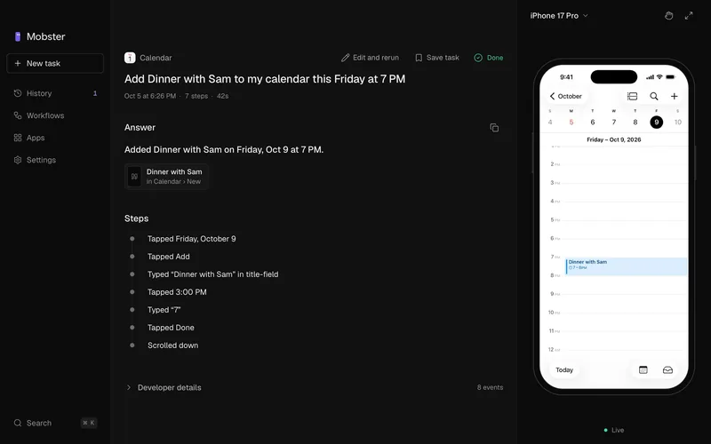 A finished task in Mobster for Mac: Dinner with Sam added to the calendar, with every step and the iPhone’s calendar.
