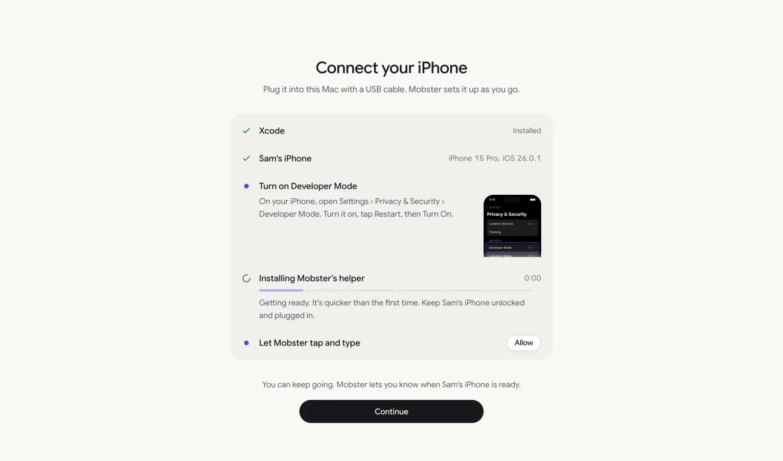 Mobster for Mac's Connect your iPhone screen: Xcode installed, an iPhone 15 Pro found, Turn on Developer Mode with a picture of the Settings screen, and Installing Mobster's helper.