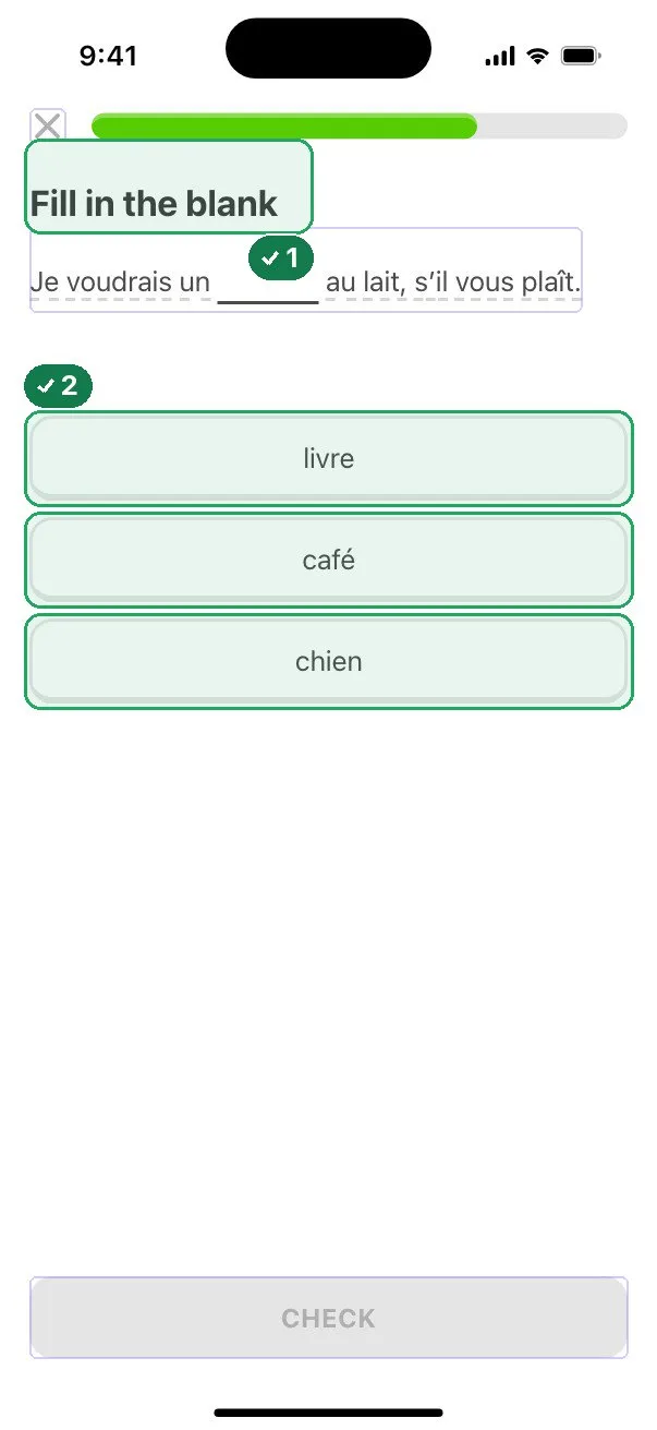 The lesson screen with every element Mobster read outlined, and the title and the three answer buttons marked green where two assertions held.