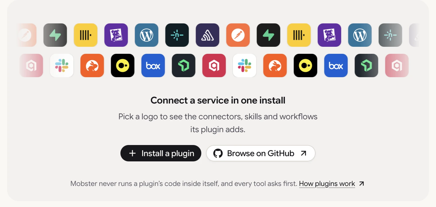 Settings, Plugins in Mobster for Mac: two rows of real plugin logos above Install a plugin and Browse on GitHub.