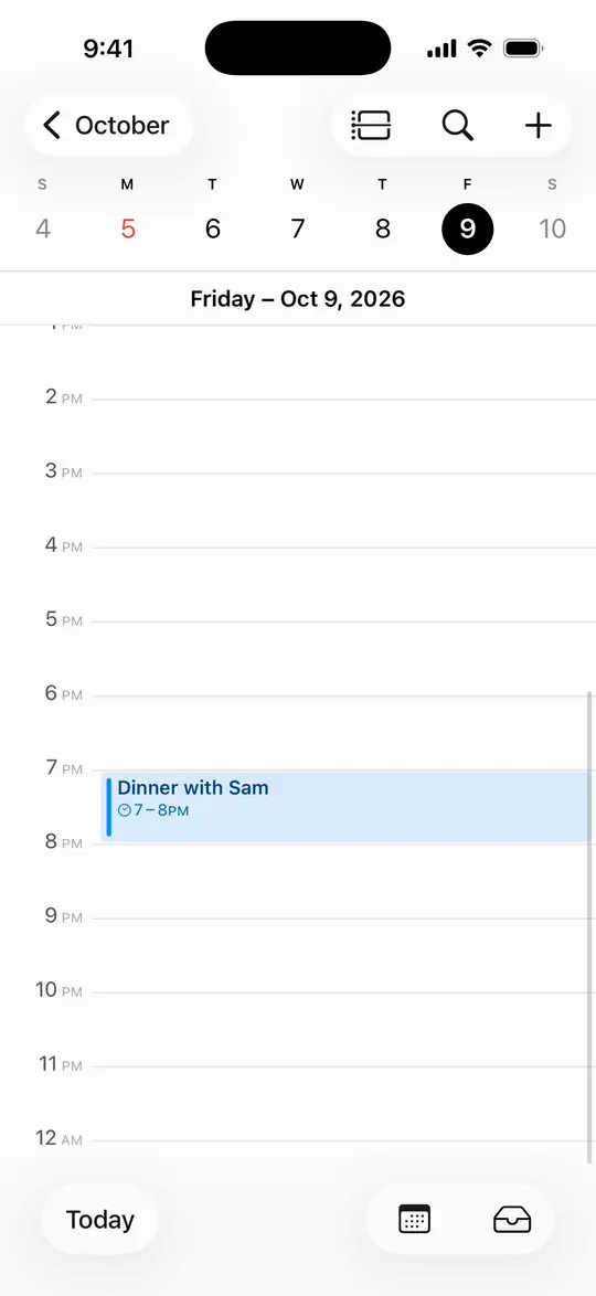 Calendar with Dinner with Sam at 7 PM, which Mobster added.